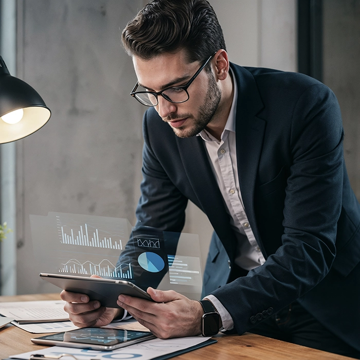 Homme d’affaires consultant des graphiques sur une tablette.